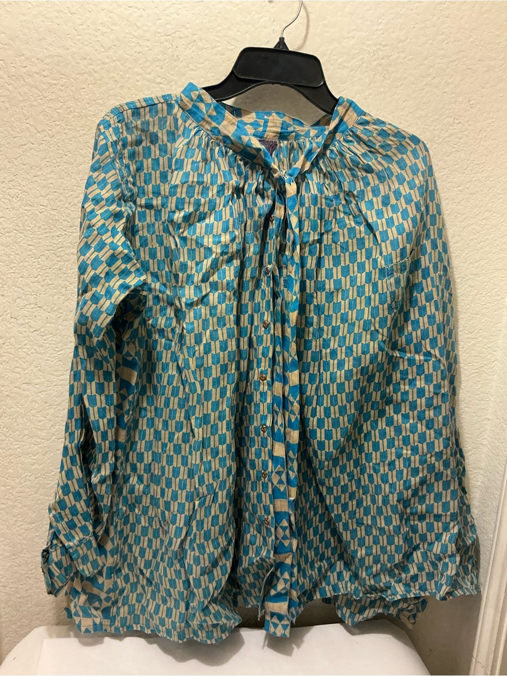 Blue Geometric Tie-Neck Blouse